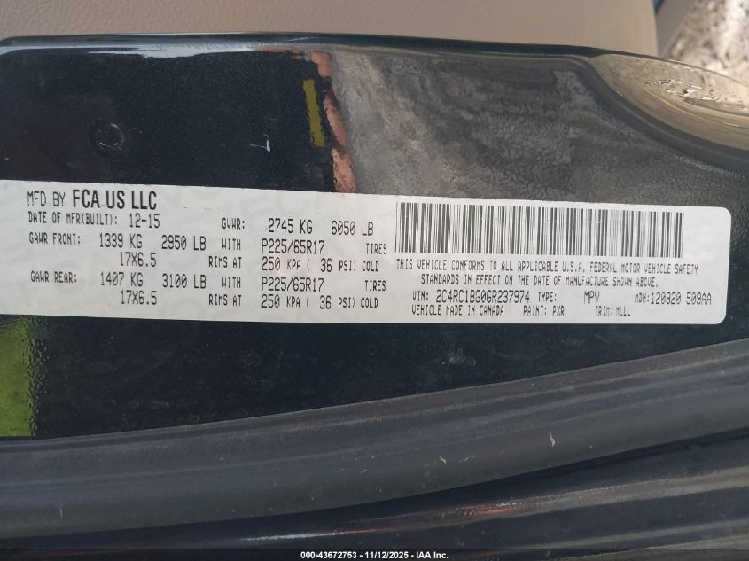 2016 Chrysler Town & Country Touring VIN: 2C4RC1BG0GR237974 Lot: 43672753