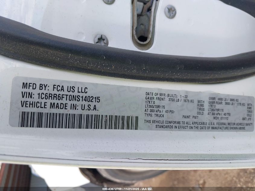 2022 Ram 1500 Classic Tradesman 4X2 6'4 Box VIN: 1C6RR6FT0NS140215 Lot: 43672759