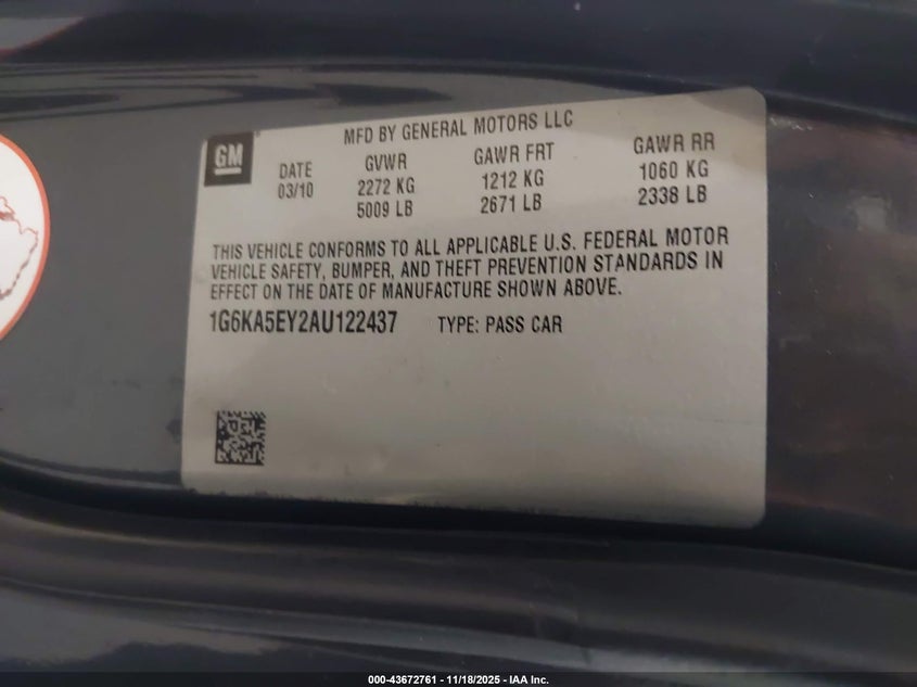 2010 Cadillac Dts Standard VIN: 1G6KA5EY2AU122437 Lot: 43672761