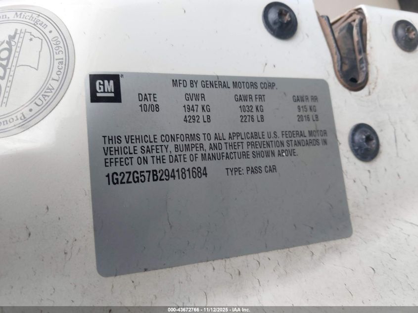 2009 Pontiac G6 VIN: 1G2ZG57B294181684 Lot: 43672766