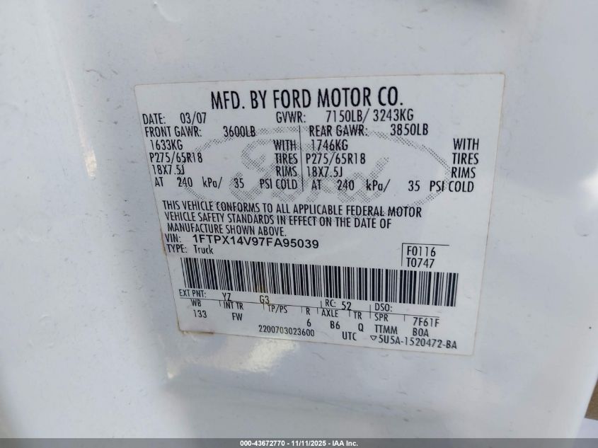 2007 Ford F-150 Fx4/Lariat/Xl/Xlt VIN: 1FTPX14V97FA95039 Lot: 43672770