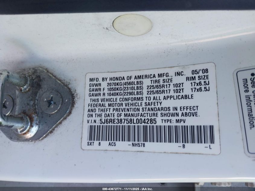 2008 Honda Cr-V Ex-L VIN: 5J6RE38758L004285 Lot: 43672771