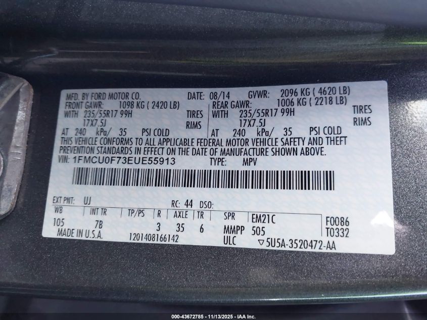 2014 Ford Escape S VIN: 1FMCU0F73EUE55913 Lot: 43672785