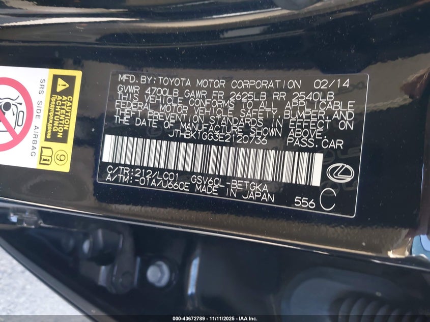 JTHBK1GG3E2120736 2014 LEXUS ES photo no. 9