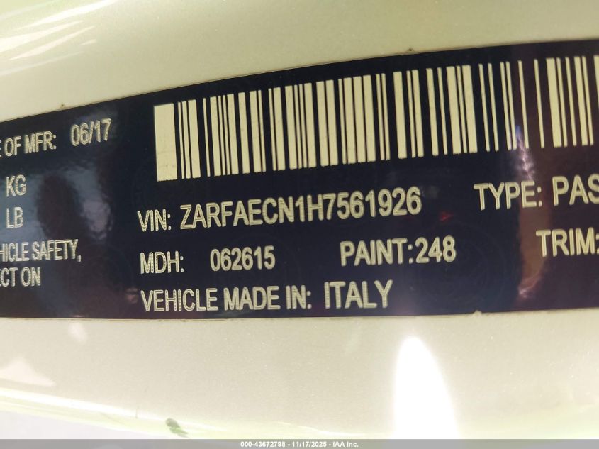 2017 Alfa Romeo Giulia Ti Rwd VIN: ZARFAECN1H7561926 Lot: 43672798