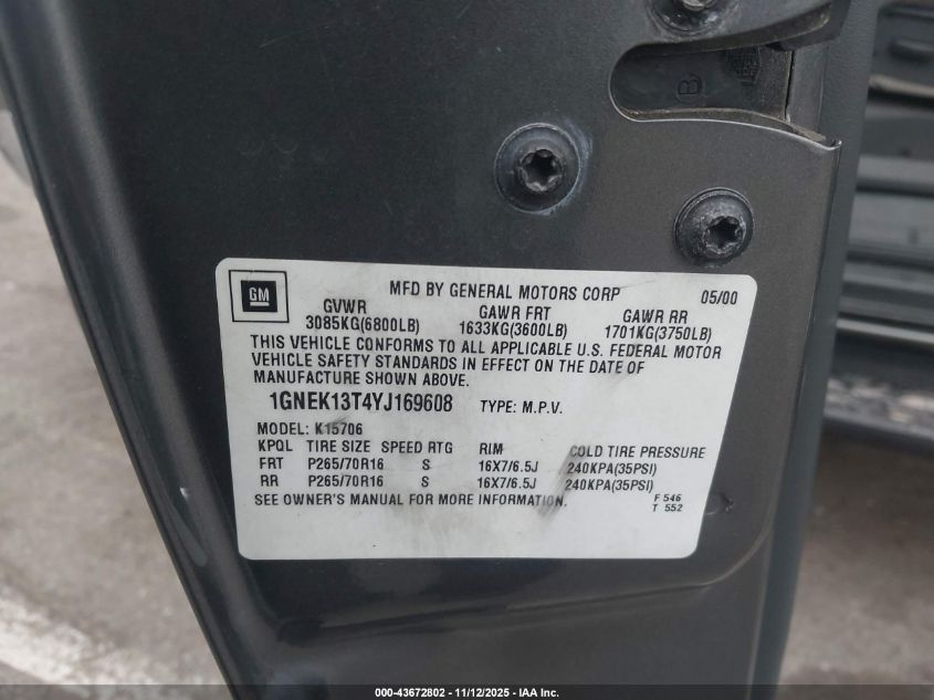 2000 Chevrolet Tahoe All New Lt VIN: 1GNEK13T4YJ169608 Lot: 43672802