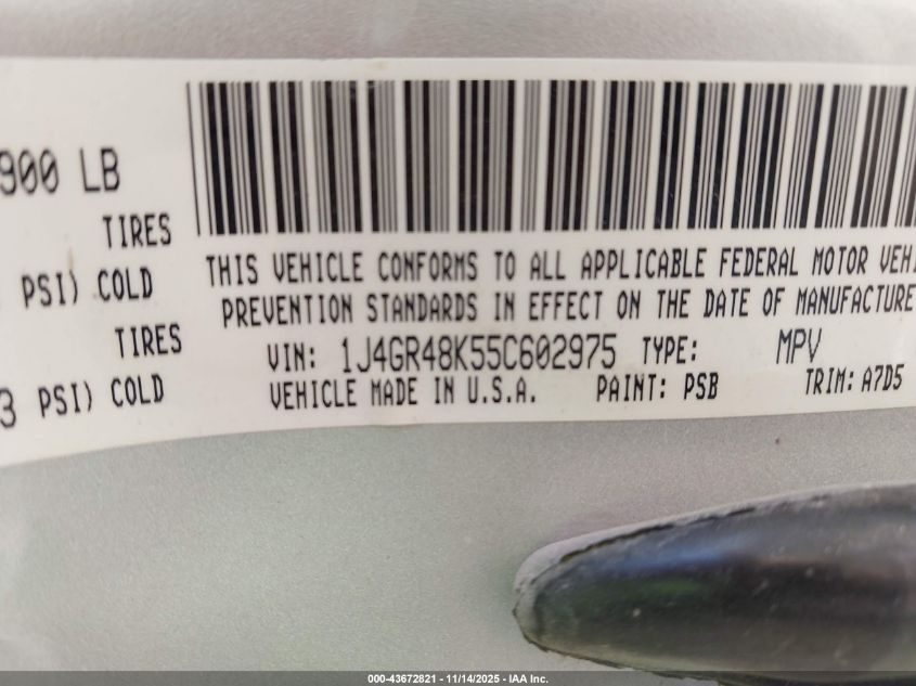 2005 Jeep Grand Cherokee Laredo VIN: 1J4GR48K55C602975 Lot: 43672821