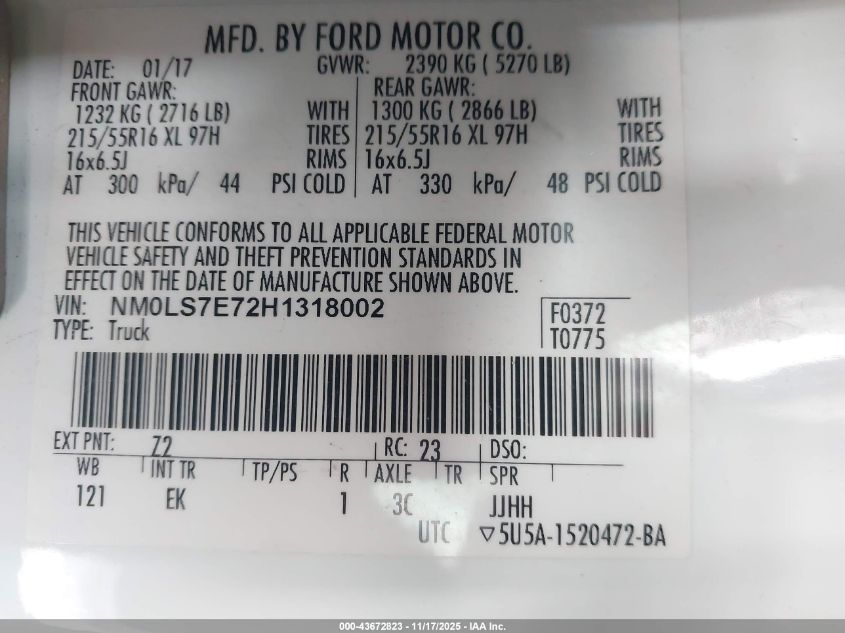 2017 Ford Transit Connect Xl VIN: NM0LS7E72H1318002 Lot: 43672823