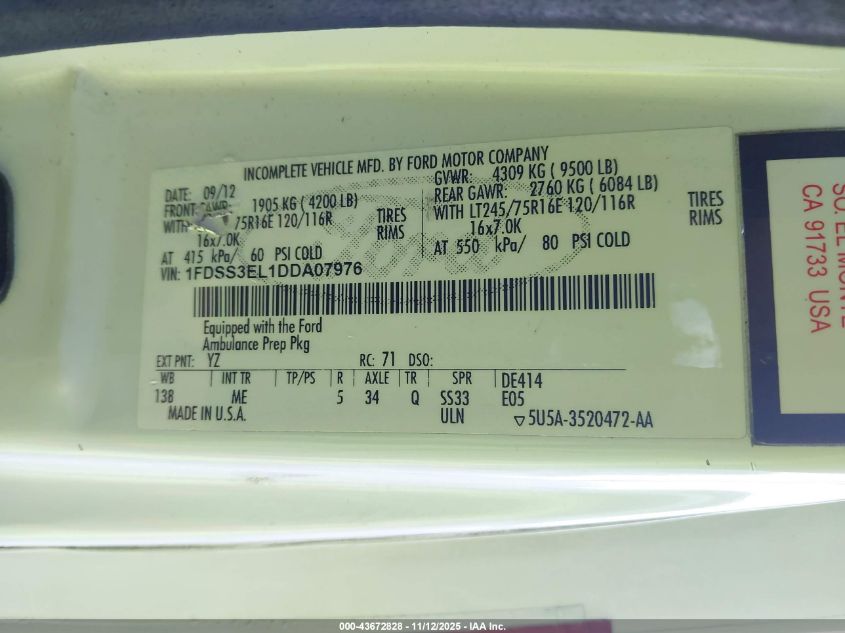 2013 Ford E-350 Super Duty Commercial VIN: 1FDSS3EL1DDA07976 Lot: 43672828