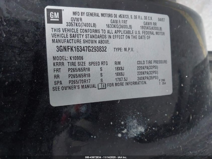 2007 Chevrolet Suburban 1500 Lt VIN: 3GNFK16347G293832 Lot: 43672834