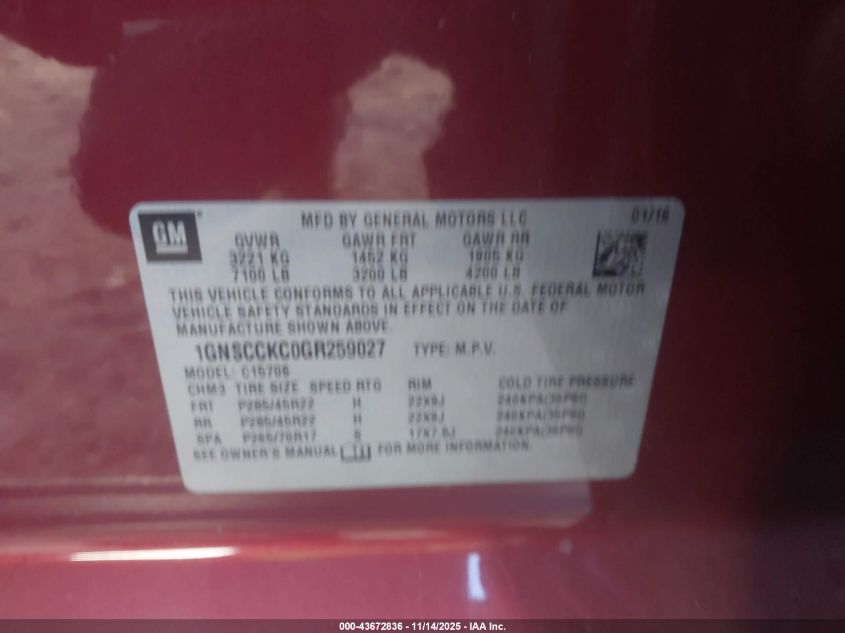 2016 Chevrolet Tahoe Ltz VIN: 1GNSCCKC0GR259027 Lot: 43672836