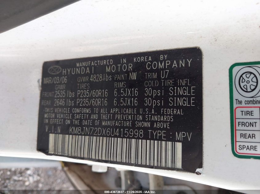 2006 Hyundai Tucson Gls/Limited VIN: KM8JN72DX6U415998 Lot: 43672837