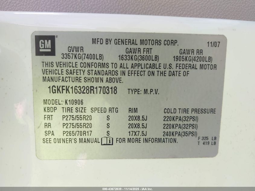 2008 GMC Yukon Xl 1500 Slt VIN: 1GKFK16328R170318 Lot: 43672839