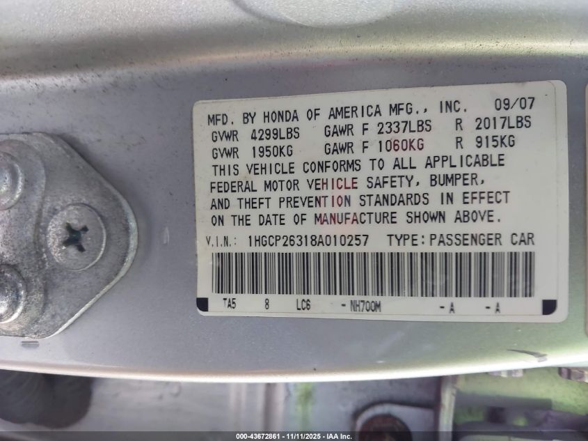 2008 Honda Accord 2.4 Lx VIN: 1HGCP26318A010257 Lot: 43672861