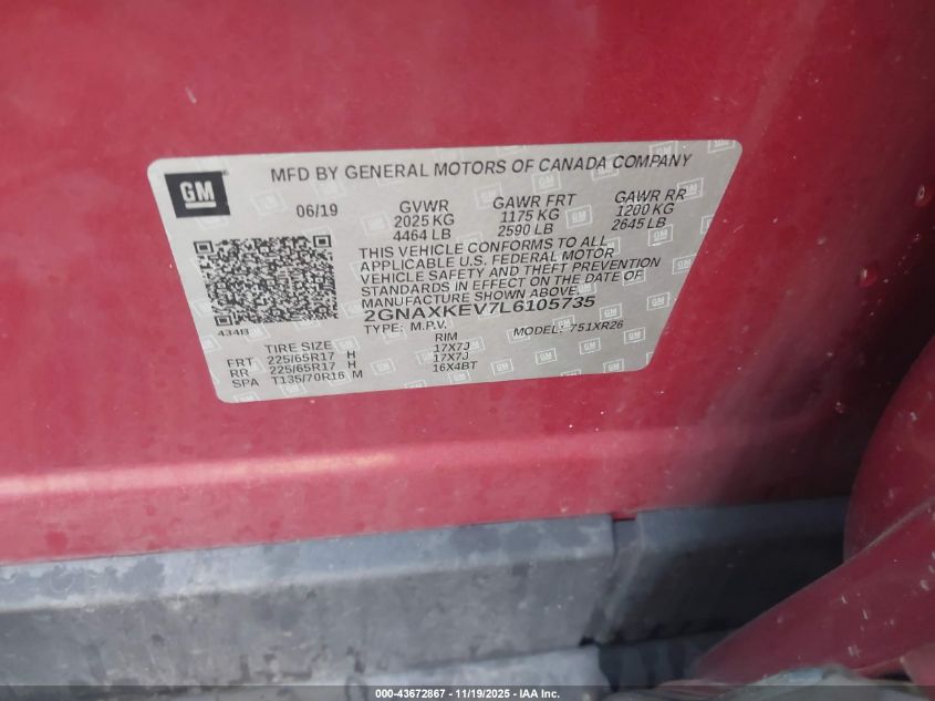 2020 Chevrolet Equinox Fwd Lt 1.5L Turbo VIN: 2GNAXKEV7L6105735 Lot: 43672867