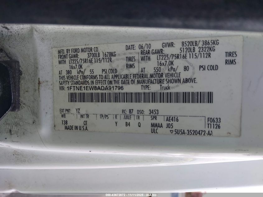 2010 Ford E-150 Commercial/Recreational VIN: 1FTNE1EW8ADA91796 Lot: 43672872