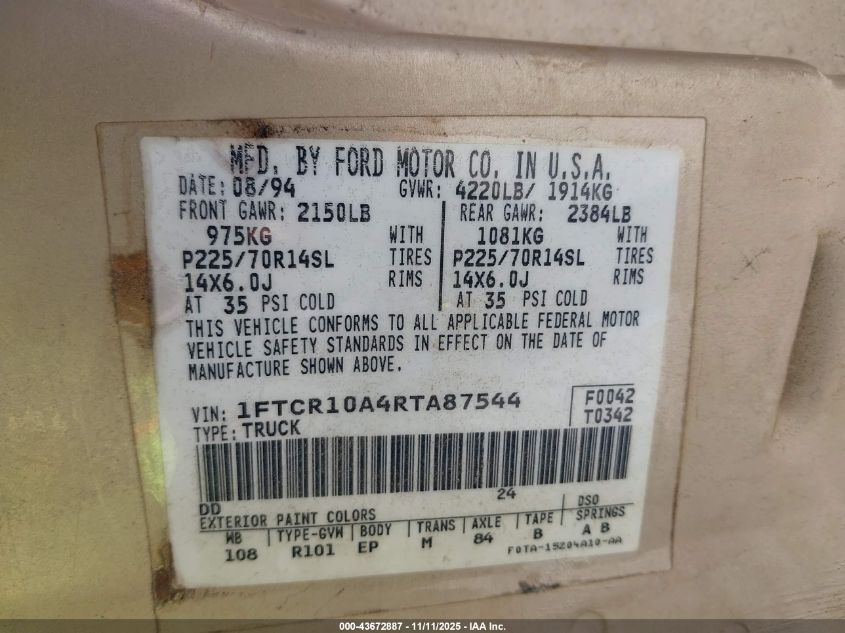 1994 Ford Ranger VIN: 1FTCR10A4RTA87544 Lot: 43672887
