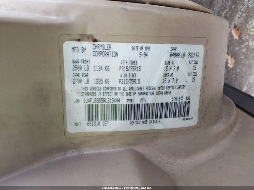 1994 Jeep Cherokee Sport VIN: 1J4FJ68S5RL215444 Lot: 43672895