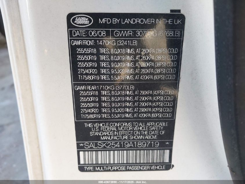 2009 Land Rover Range Rover Sport Hse VIN: SALSK25419A189719 Lot: 43672898