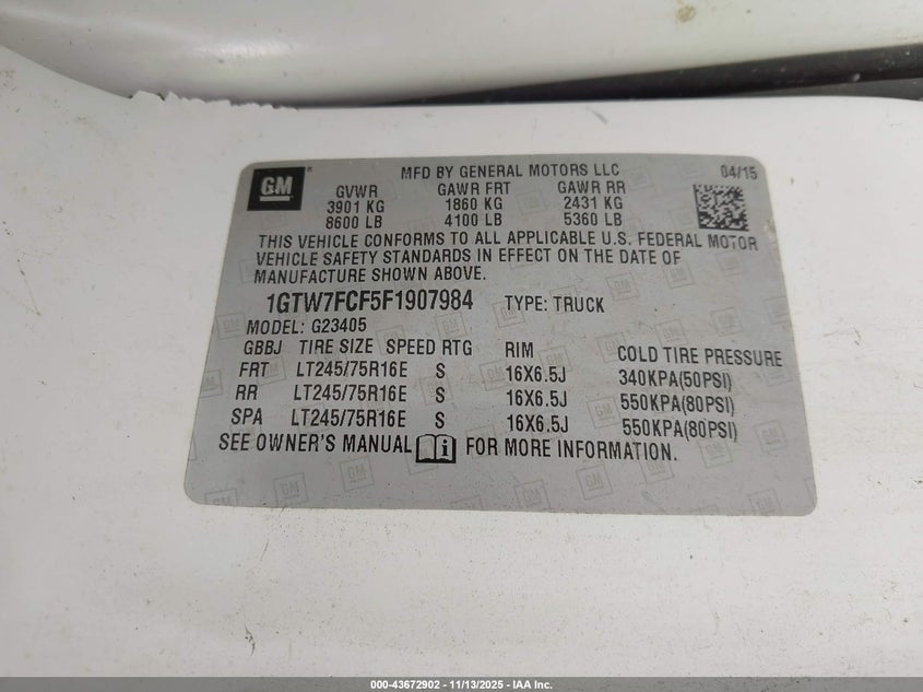 2015 GMC Savana 2500 Work Van VIN: 1GTW7FCF5F1907984 Lot: 43672902