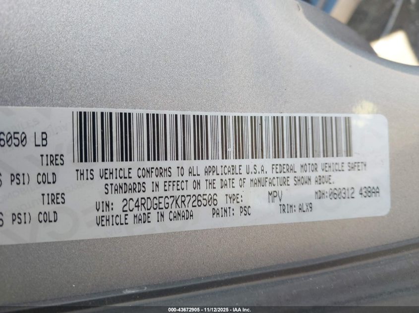 2019 Dodge Grand Caravan Gt VIN: 2C4RDGEG7KR726506 Lot: 43672905