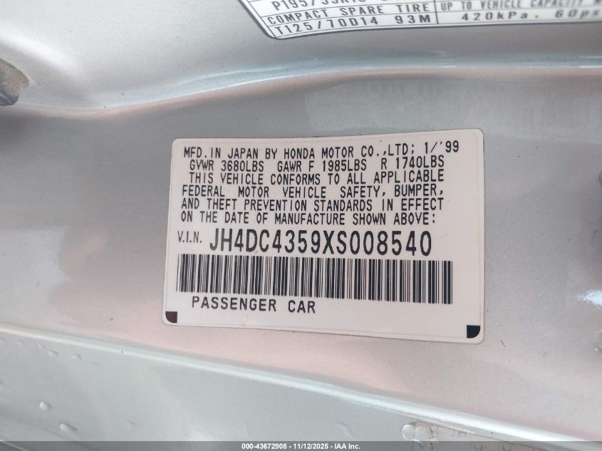 1999 Acura Integra Ls VIN: JH4DC4359XS008540 Lot: 43672908