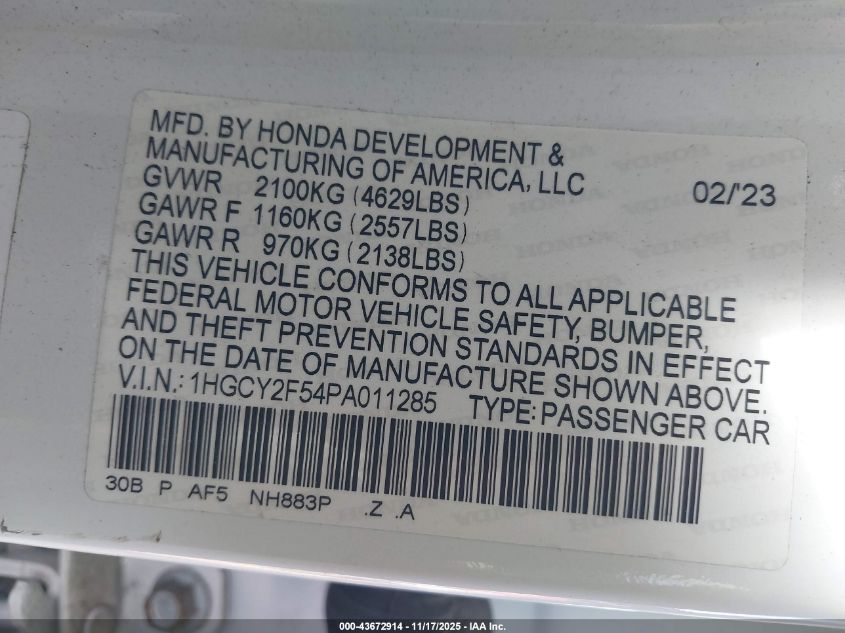 2023 Honda Accord Hybrid Sport VIN: 1HGCY2F54PA011285 Lot: 43672914