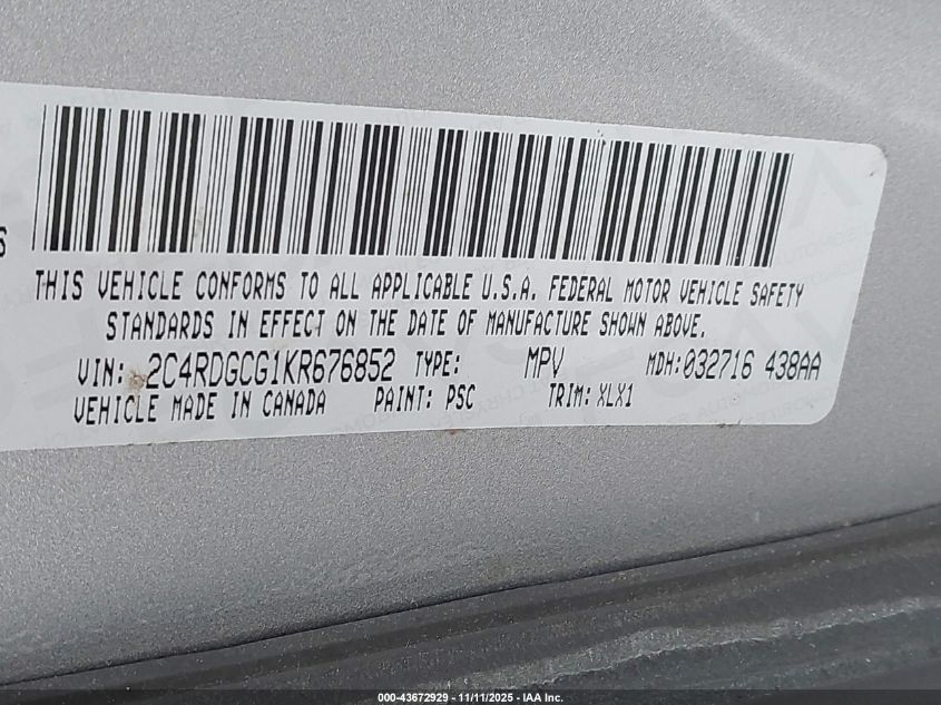 2019 Dodge Grand Caravan Sxt VIN: 2C4RDGCG1KR676852 Lot: 43672929