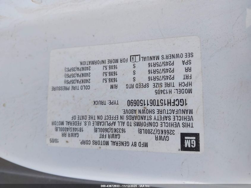 2006 Chevrolet Express Work Van VIN: 1GCFH15T061150690 Lot: 43672933