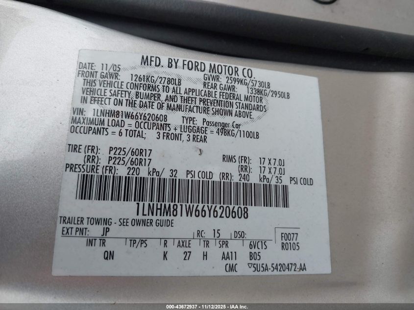 2006 Lincoln Town Car Signature VIN: 1LNHM81W66Y620608 Lot: 43672937