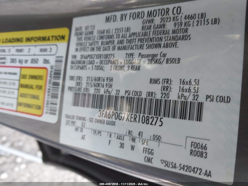 2014 Ford Fusion S VIN: 3FA6P0G7XER108275 Lot: 43672938