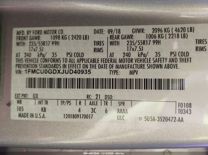 2018 Ford Escape Se VIN: 1FMCU0GDXJUD40935 Lot: 43672940