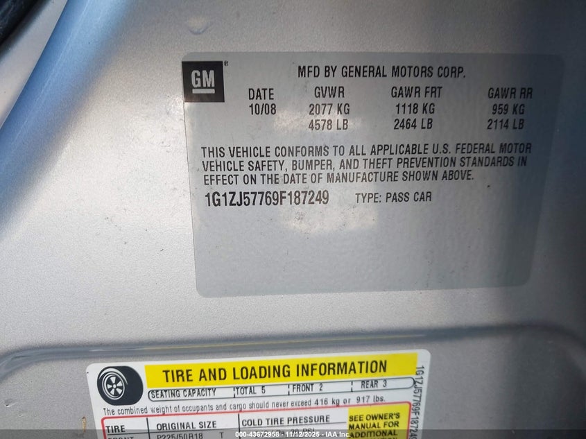 2009 Chevrolet Malibu Lt VIN: 1G1ZJ57769F187249 Lot: 43672958