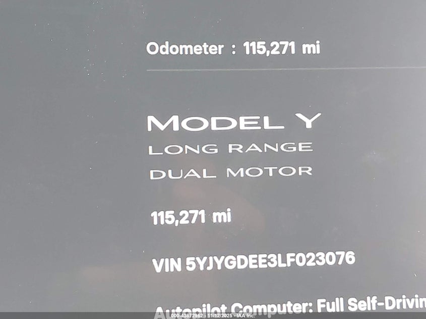 2020 Tesla Model Y Long Range Dual Motor All-Wheel Drive VIN: 5YJYGDEE3LF023076 Lot: 43672962