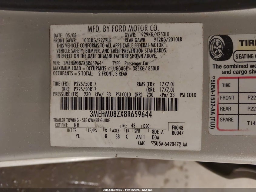 2008 Mercury Milan I4 Premier VIN: 3MEHM08ZX8R659644 Lot: 43672975