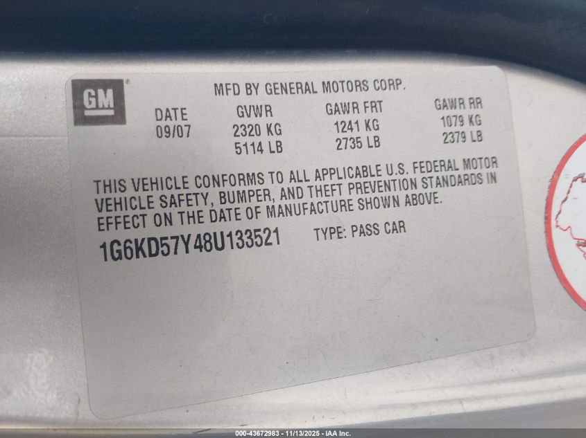 2008 Cadillac Dts 1Sd VIN: 1G6KD57Y48U133521 Lot: 43672983