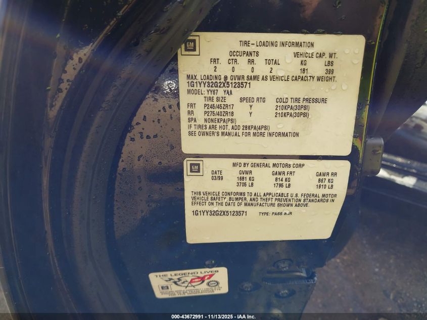 1999 Chevrolet Corvette VIN: 1G1YY32G2X5123571 Lot: 43672991