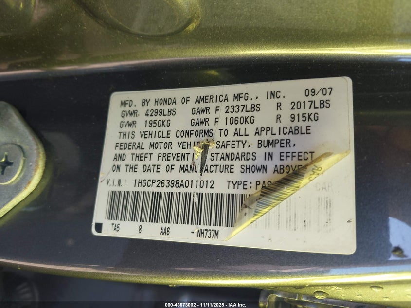 1HGCP26398A011012 2008 HONDA ACCORD photo no. 9