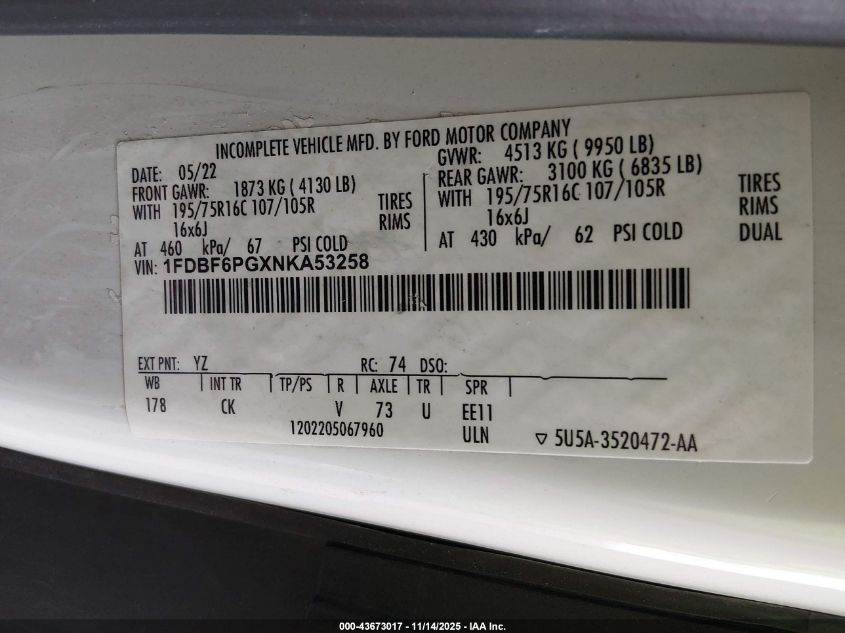 2022 Ford Transit-350 Cutaway VIN: 1FDBF6PGXNKA53258 Lot: 43673017