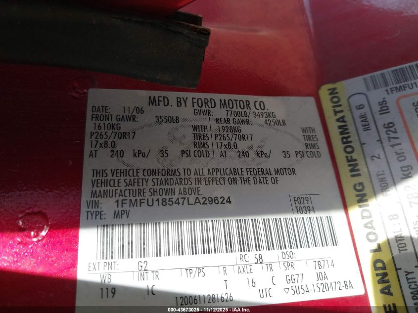 2007 Ford Expedition Eddie Bauer VIN: 1FMFU18547LA29624 Lot: 43673025