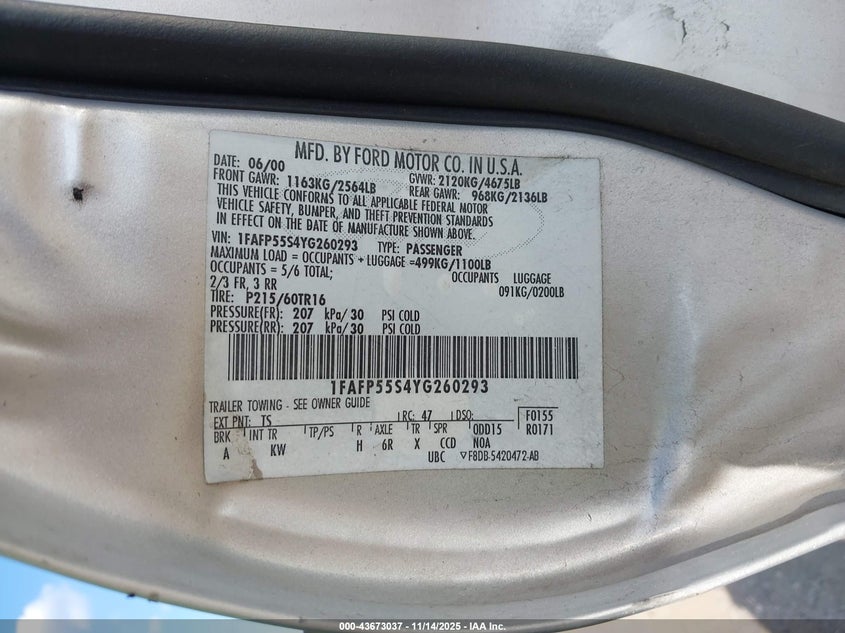 2000 Ford Taurus Ses VIN: 1FAFP55S4YG260293 Lot: 43673037