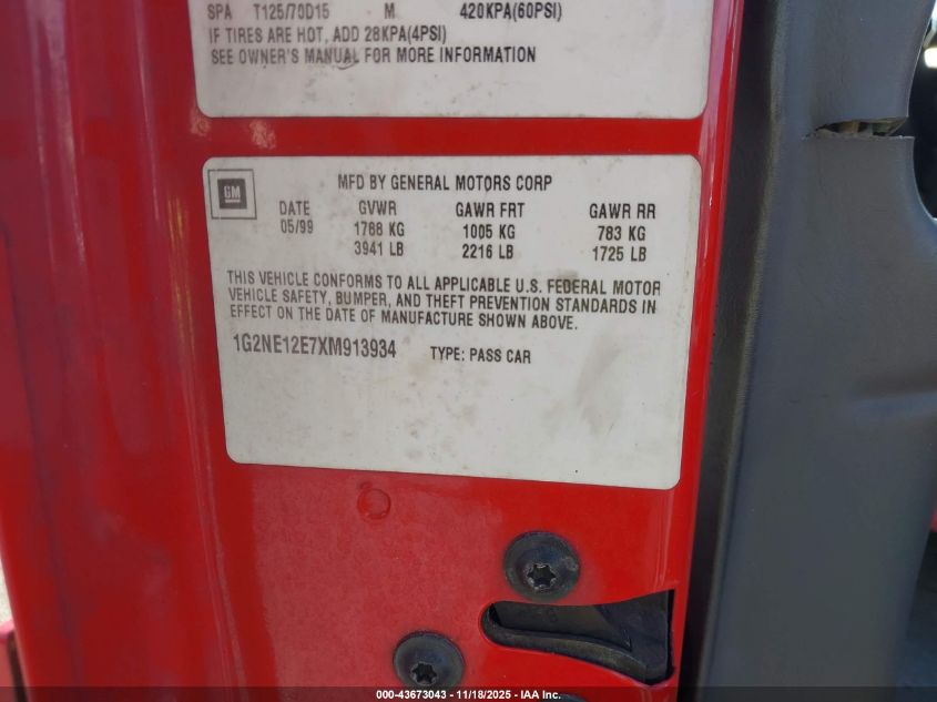 1999 Pontiac Grand Am Se1 VIN: 1G2NE12E7XM913934 Lot: 43673043