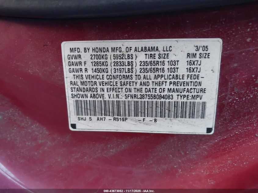 2005 Honda Odyssey Ex-L VIN: 5FNRL38755B084083 Lot: 43673052