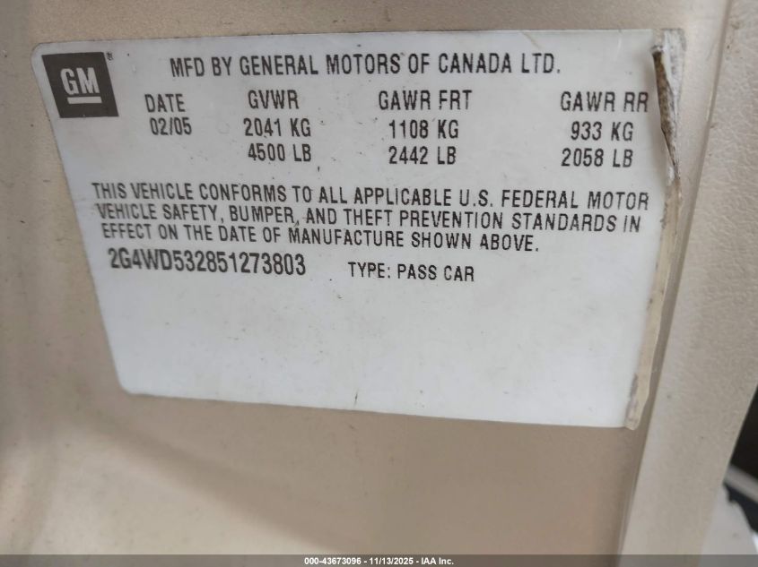 2005 Buick Lacrosse Cxl VIN: 2G4WD532851273803 Lot: 43673096