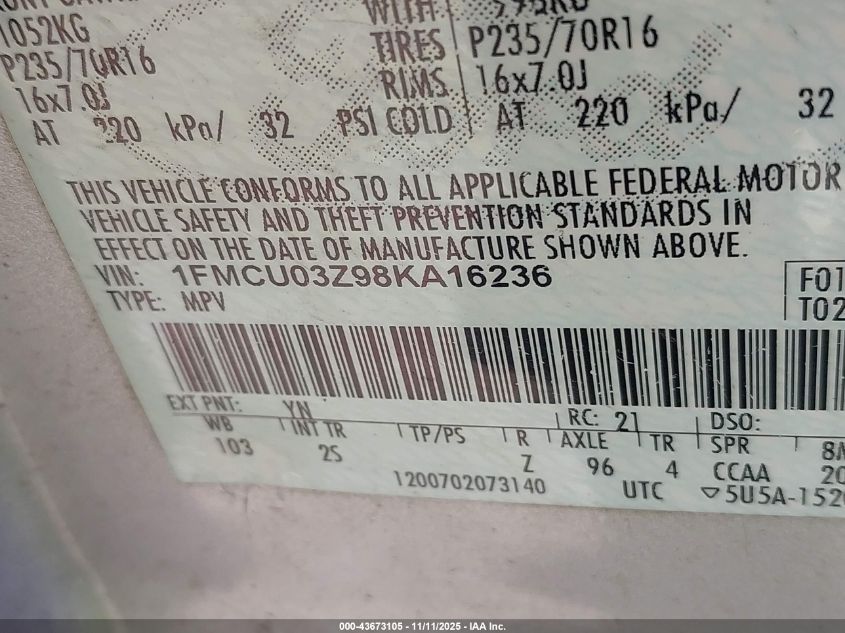 2008 Ford Escape Xlt VIN: 1FMCU03Z98KA16236 Lot: 43673105