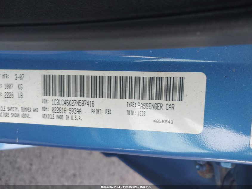2007 Chrysler Sebring VIN: 1C3LC46K27N597416 Lot: 43673134