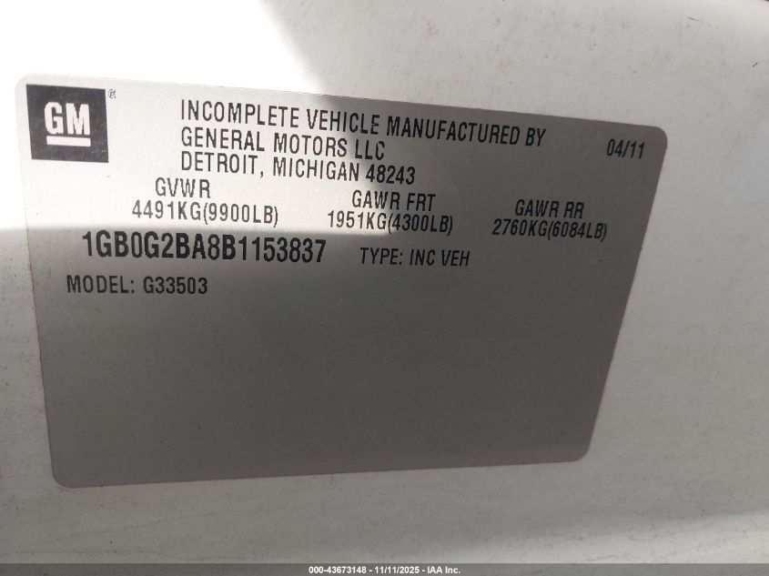 2011 Chevrolet Express Cutaway Work Van VIN: 1GB0G2BA8B1153837 Lot: 43673148