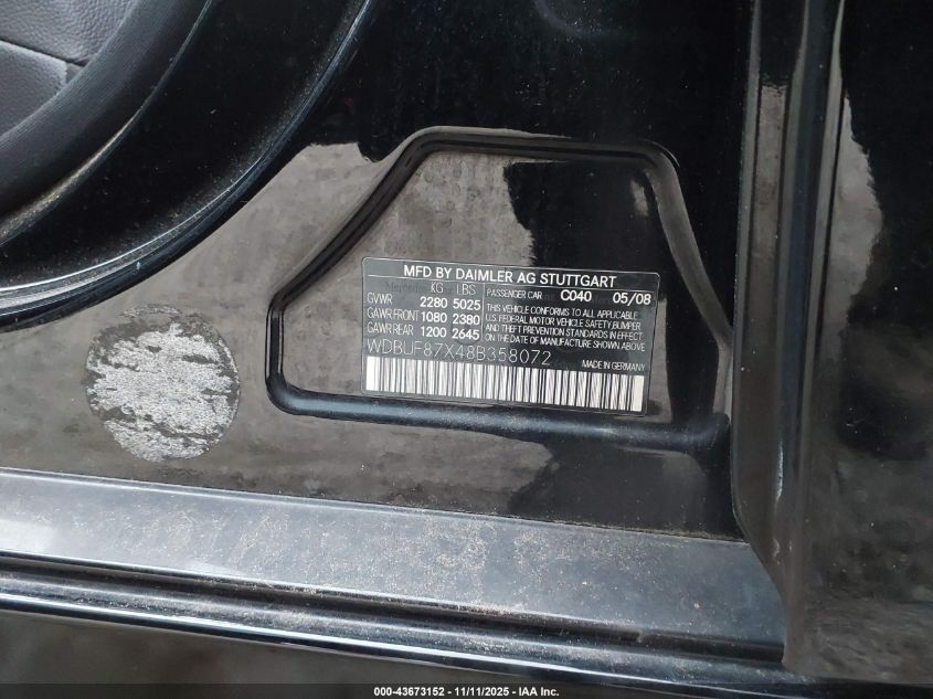 2008 Mercedes-Benz E 350 4Matic VIN: WDBUF87X48B358072 Lot: 43673152