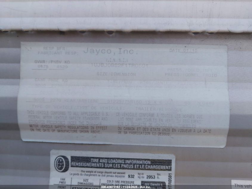 2015 Jayco Other VIN: 1UJBJ0BS2F1TR0591 Lot: 43673162