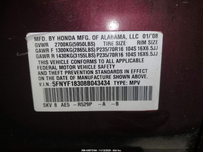 2008 Honda Pilot Se VIN: 5FNYF18308B043434 Lot: 43673164